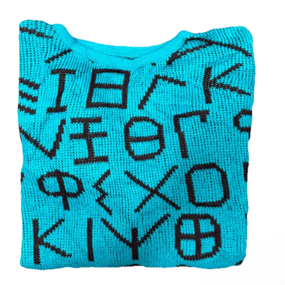 Teal Vintage IN DESIGN Abstract Alphabet Acrylic Sweater USA Made 90s Women L